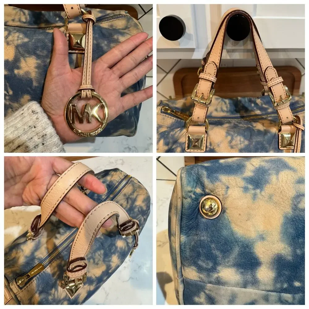 Michael Kors blue beige tie-dye Grayson satchel tan leather trim gold hardware